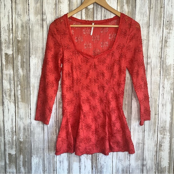 Free People Daisy Pointelle Peplum Top Persimmon | Size M | Square Neck Red Lace - Picture 2 of 6